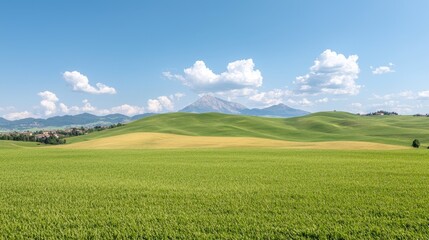 Fototapeta premium Rolling hills, mountain view, sunny day, farmland background; travel brochure
