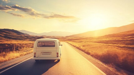 Fototapeta premium Sunset road trip van journey mountains