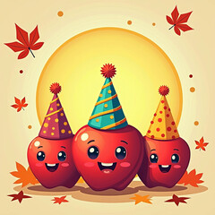 Joyful pumpkins celebrate autumn festivity under a full moon with playful butterflies and colorful leaves at night