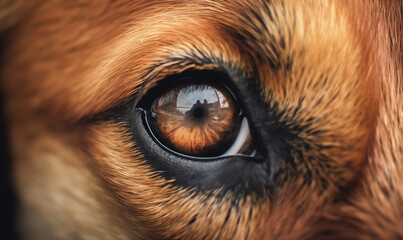 The ginger dog's eye is looking intently at the camera. Close-up