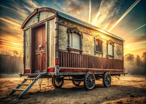 Vintage Circus Wagon, Deep Depth of Field, Detailed Exterior,  Rustic Charm, Traveling Show