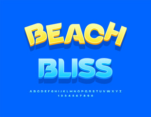 Vector Advertising emblem Beach Bliss. Stylish Blue Font. Beautiful 3D Alphabet Letters and Numbers set.