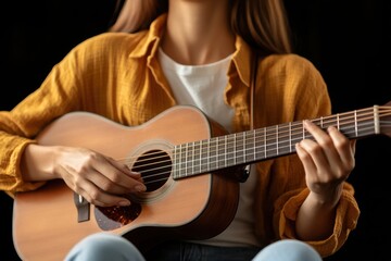 woman in a yellow shirt holds a guitar in her hands. The concept of happiness and relaxation when a lady enjoys playing an instrument. a young girl musician.