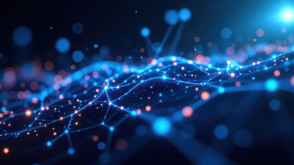 Obraz premium Ci/CD, Kubernetes, and Docker visualized with a network of interconnected nodes and lines in blue and white colors, representing DevOps concepts.
