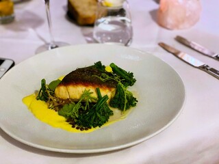 Blue Eye Cod, Pan-seared to achieve a crispy exterior while keeping the inside tender. Served with puy lentils, guanciale. Sydney, Australia - November 3, 2025