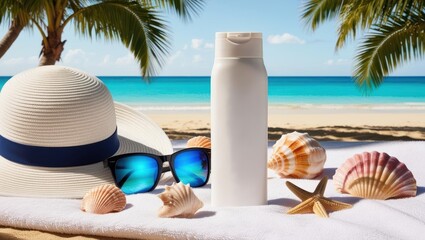 sunscreen advertisement, sunscreen products, summer, sun glasses on the beach, suntan lotion on the beach, summer vacation on the beach