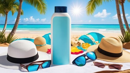 sunscreen advertisement, sunscreen products, summer, sun glasses on the beach, suntan lotion on the beach, summer vacation on the beach