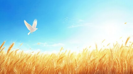 Obraz premium White dove flies over golden wheat field