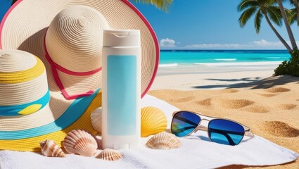 sunscreen advertisement, sunscreen products, summer, sun glasses on the beach, suntan lotion on the beach, summer vacation on the beach
