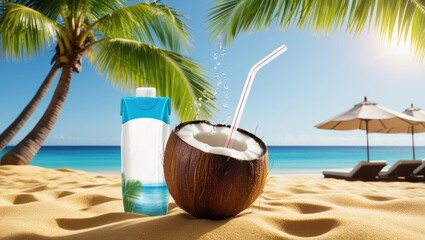 coconut on the beach, cocktail on the beach, coconut juice, summer, juice advertisement, text space