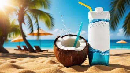 coconut on the beach, cocktail on the beach, coconut juice, summer, juice advertisement, text space