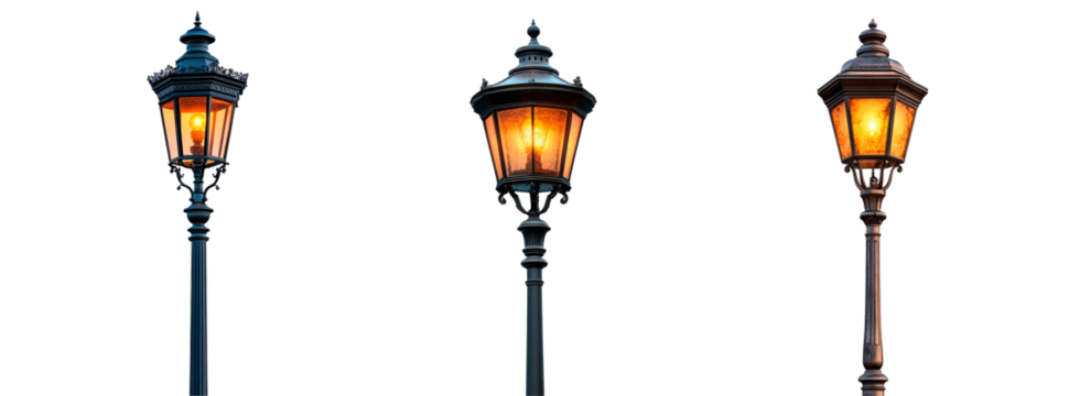 Set of black and copper street lamp isolated on transparent background