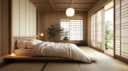 Japanese bedroom interior featuring a natural minimalistic design aesthetic