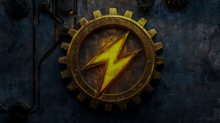 Fototapeta premium A dynamic golden lightning bolt emblem, framed by a robust metallic gear