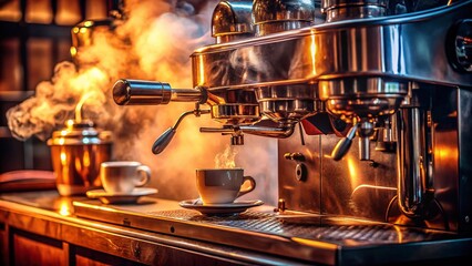 Obraz premium Vintage Espresso Machine in Dimly Lit Coffee Shop - A Retro Coffee Brewing History