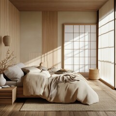 Obraz premium Interior of bedroom featuring wooden walls and traditional japanese style