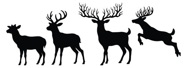 Deer on white background. Collection of deer silhouettes in various forms. Side view and full body of a deer for design. Vector illustration.
