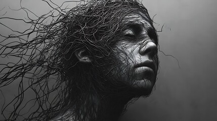Fototapeta premium artistic stock image of a man struggling with overthinking as tangled lines cover his face symbolizing stress and cognitive overload