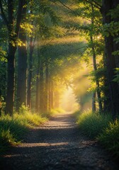 Fototapeta premium A serene forest path illuminated by gentle sunlight filtering through the trees, creating a tranquil and inviting atmosphere.