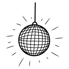 Festive disco ball. Hand drawn doodle. Shiny object. Mirror round. Fun party. Celebration event. Carnival dance stage decoration. Vector line art illustration.