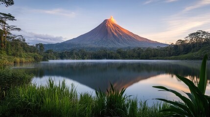 Majestic Volcano Sunrise Over Serene Lake