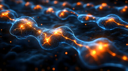 Obraz premium Abstract Glowing Dotted Lines With Orange Particles On Dark Blue Background