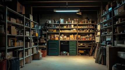 Obraz premium Dark, cluttered basement workshop