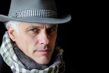 Stylish man wearing a hat and scarf in a dark setting