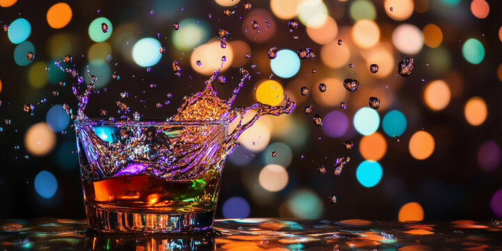 Colorful splash from a glass against a bokeh background