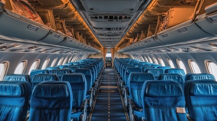 Obraz premium Empty airplane cabin, daytime flight