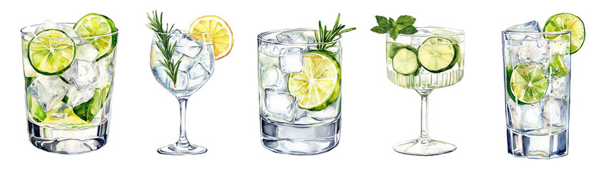 Collection of glass gin and tonic with ice, lime slices and garnish. Watercolor illustration of a classic cocktail on a white background. Refreshing drink art concept for design and print	