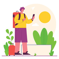 A cartoon illustration of a person with a backpack checking their phone in a serene nature setting, featuring plants and a stylized background.