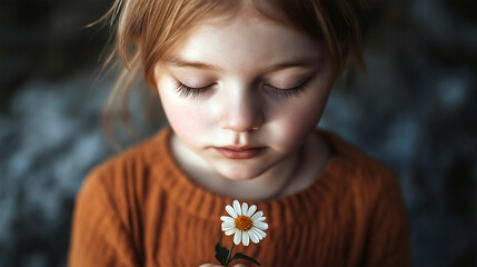 Young girl admires a delicate flower while sitting outdoors in soft natural light during a peaceful moment. Generative AI