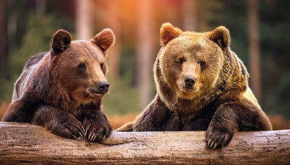 Obraz premium dos osos macho y hembra sobre un tronco grande tumbado en el suelo, mirando el bosque