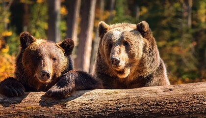 Fototapeta premium dos osos macho y hembra sobre un tronco grande tumbado en el suelo, mirando el bosque