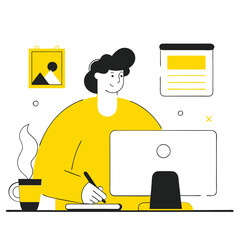 A professional female figure, depicted in a flat vector style, busy drawing at her desk. She's surrounded by a cup of coffee and abstract decor, exuding creativity.