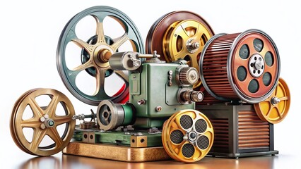 Naklejka premium Vintage Movie Projector & Film Reels - Isolated on White Background