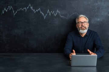 Businessman Presenting Marketing Strategy in Front of Blackboard
