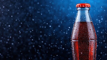 Classic glass bottle with condensation and soft drink against dark backdrop