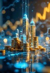 Stacks of gold coins form a city skyline with glowing digital elements against a dark background. Depicts finance, investment, and digital economy. Ideal for business, technology, or futuristic themes