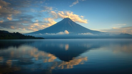 Majestic Volcano Reflected in Serene Lake at Dawn