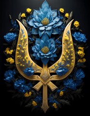Ukrainian trident poster - Blue and Yellow Floral Arrangement Depicting Symbolic Design on a Dark Background. Ai Generated