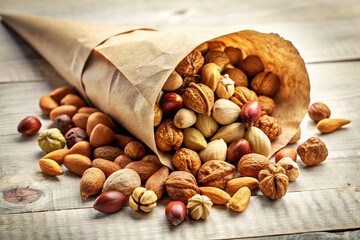 Vintage Photo: Assorted Nuts Spilled from Paper Cone on White Background