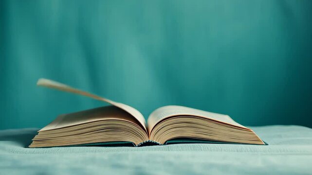Close-Up Overview of Open Book on Blue Background in Super Slow Motion with Probe Lens for Education or Graphic Design Focused on Knowledge, Learning, Minimalism, and Elegant Composition