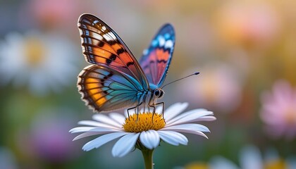 A vibrant butterfly with intricate patterns rests on a white daisy, set against a blurred floral background. Captures the beauty and fragility of spring. Ideal for nature, floral, or seasonal themes.