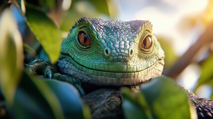 Obraz premium A vivid green lizard lounges comfortably among lush green leaves, showcasing its unique texture and vibrant colors, representing resilience and the beauty of nature.
