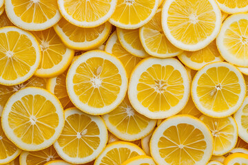 Topdown view of Sliced Lemon with Water Droplets on a Pale Yellow  Background