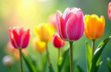 Fototapeta premium Colorful tulips among greenery close-up.