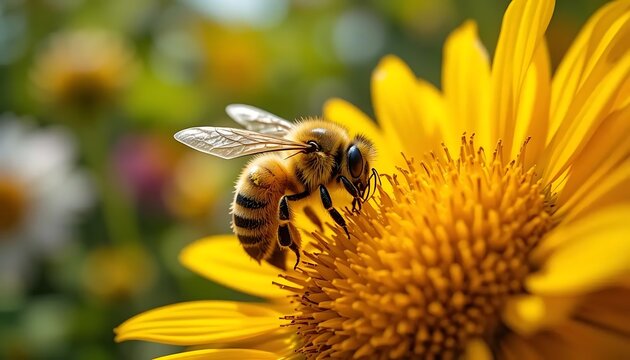 A close-up of a bee collecting pollen from a vibrant yellow sunflower against a blurred natural background. Captures the beauty and activity of spring. Ideal for nature, floral, or seasonal themes.