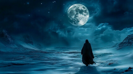 Lonely Traveler Under Moonlit Sky